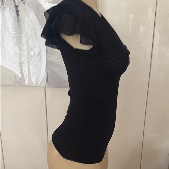 Fitted Black Cap Sleeve mesh top with Ruffled Details - Picture 2 of 8